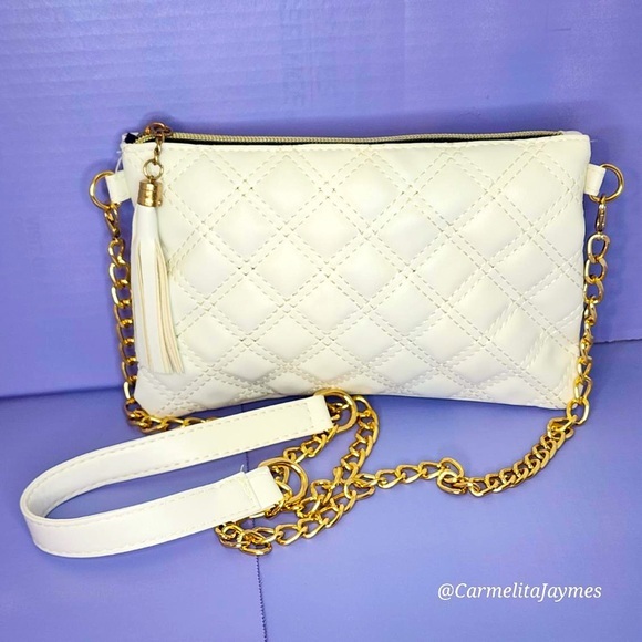 White And Gold Quilted Diamond Pattern Gold Tassel Clutch And Crossbody Purse ๐ - Picture 1 of 9